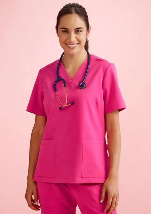 BizCare Women's V-Neck Pink Scrub Top CST245LS Simply Scrubs Australia