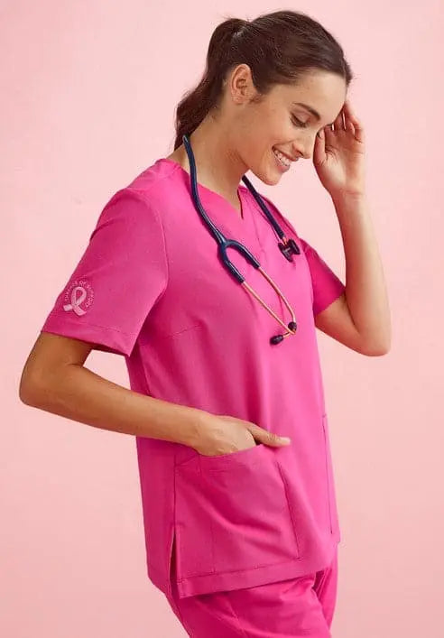 BizCare Women's V-Neck Pink Scrub Top CST245LS Simply Scrubs Australia