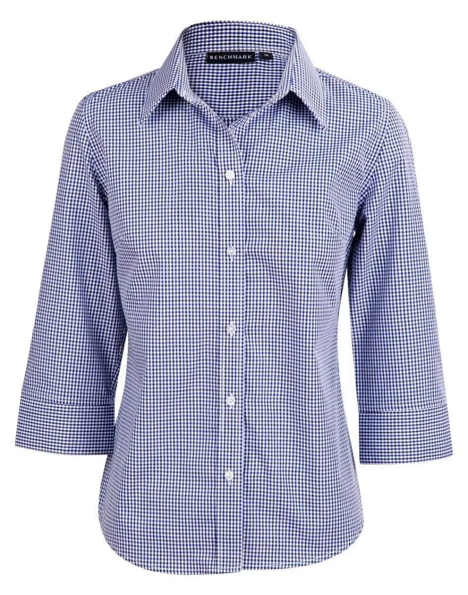 Benchmark Corporate Wear Black/White/Navy / 6 BENCHMARK Ladies’ Two Tone Gingham 3/4 Sleeve Shirt M8320Q