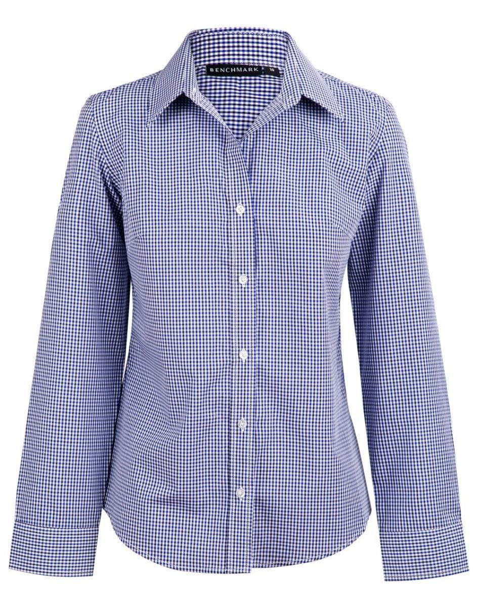Benchmark Corporate Wear Black/White/Navy / 6 BENCHMARK Ladies’ Two Tone Gingham Long Sleeve Shirt M8320L