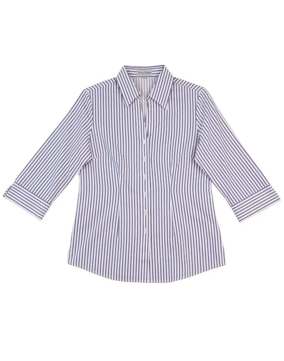 Benchmark Corporate Wear White/Cobalt / 12 BENCHMARK Women's Executive Sateen Stripe 3/4 Sleeve Shirt M8310Q