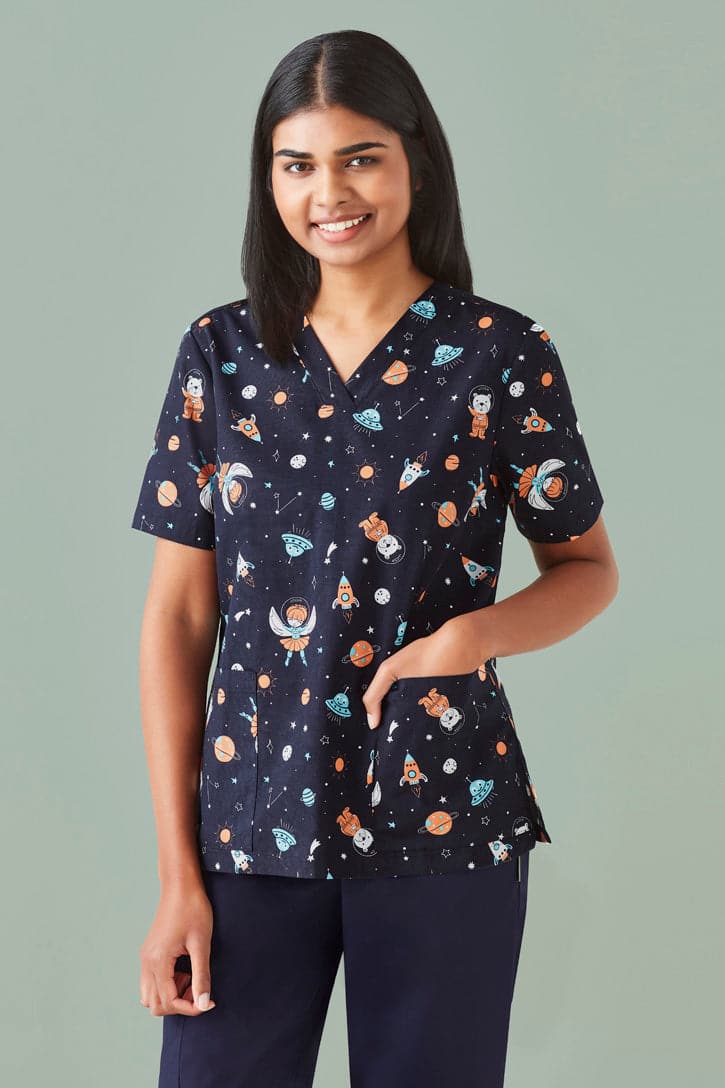 Women's Printed Space Party Scrub Top CST148LS - Simply Scrubs Australia