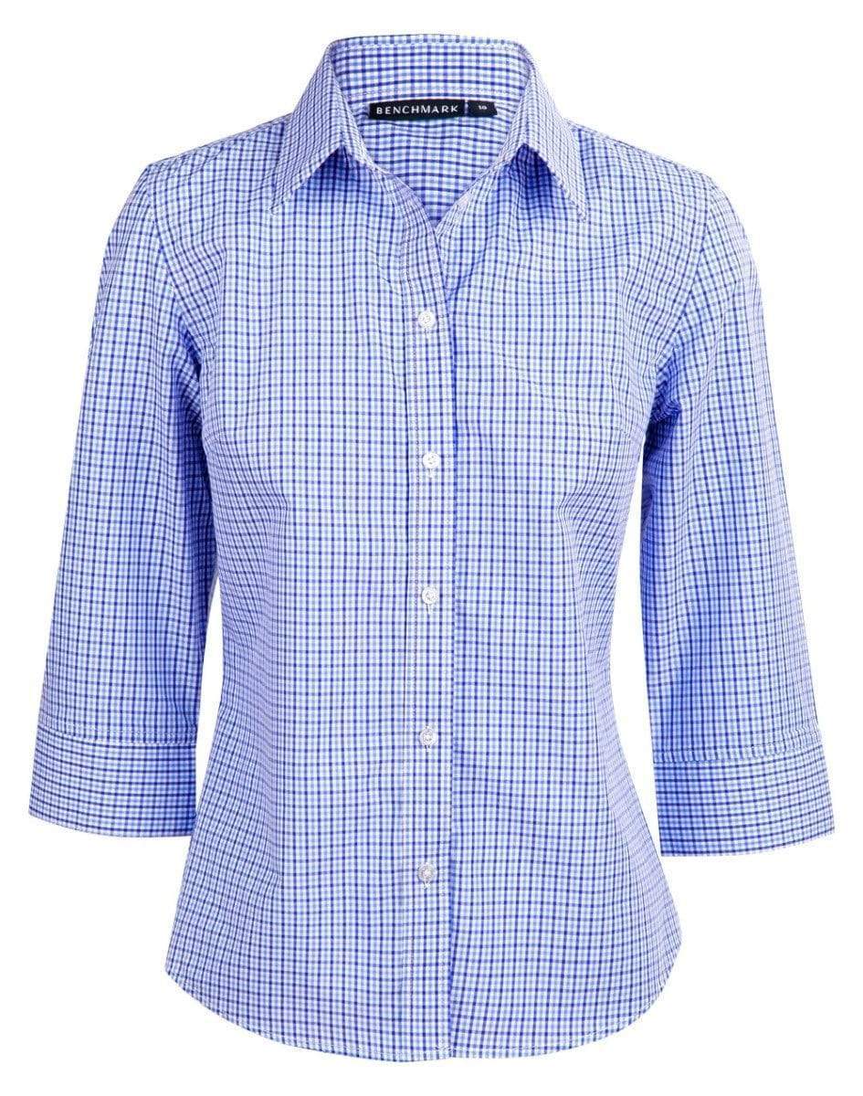 Benchmark Corporate Wear Navy/White/Skyblue / 6 BENCHMARK Ladies’ Two Tone Gingham 3/4 Sleeve Shirt M8320Q