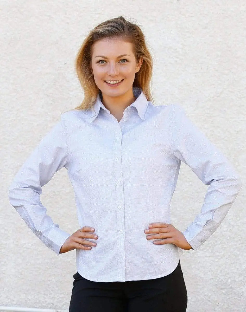 Benchmark Corporate Wear BENCHMARK Laides’ Dot Contrast Long Sleeve Shirt- white blue dot M8922