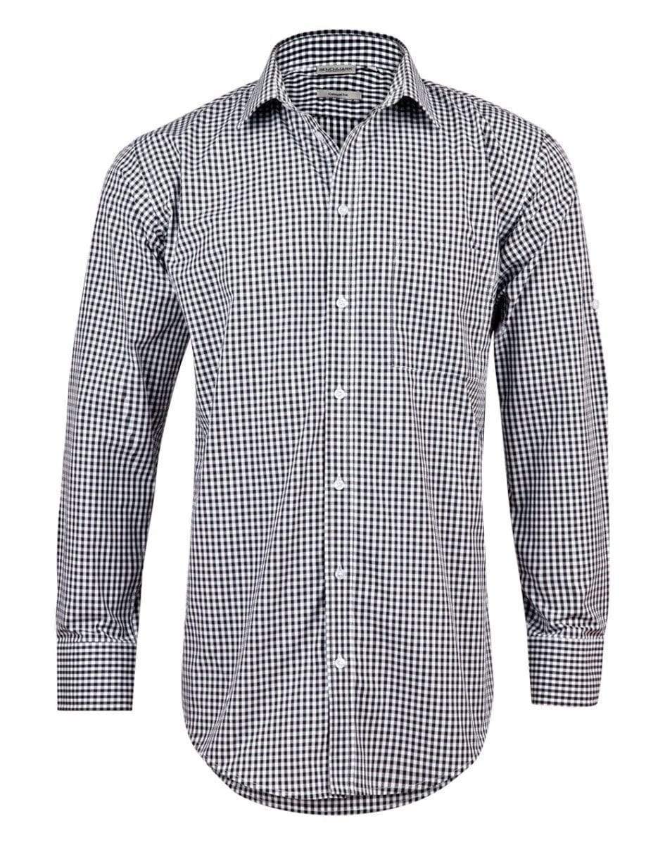 Benchmark Corporate Wear Black/White / XS BENCHMARK Men’s Gingham Check Long Sleeve Shirt with Roll-up Tab Sleeve M7300L