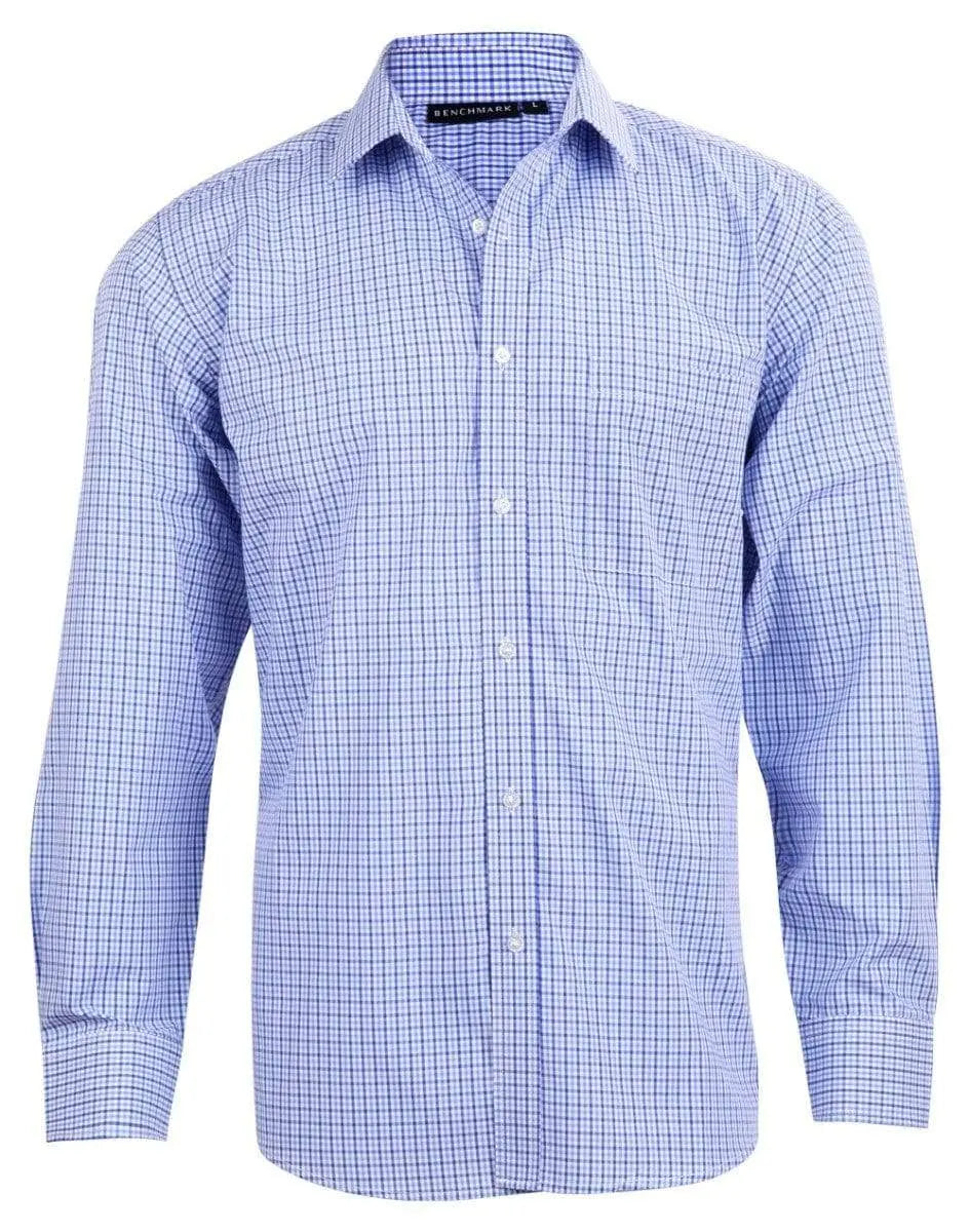 Benchmark Corporate Wear Navy/White/Skyblue / XS BENCHMARK Men’s Two Tone Gingham Long Sleeve Shirt M7320L