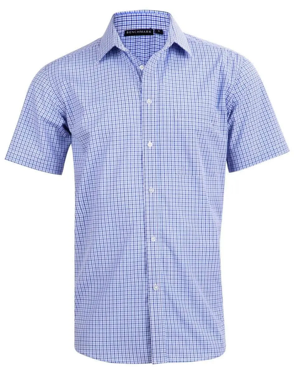 Benchmark Corporate Wear Navy/White/Skyblue / XS BENCHMARK Men’s Two Tone Gingham Short Sleeve Shirt M7320S