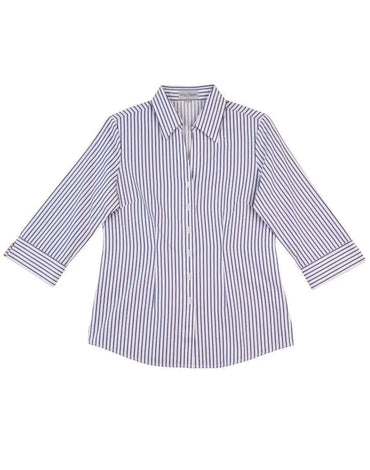 Benchmark Corporate Wear White/Cobalt / 12 BENCHMARK Women's Executive Sateen Stripe 3/4 Sleeve Shirt M8310Q