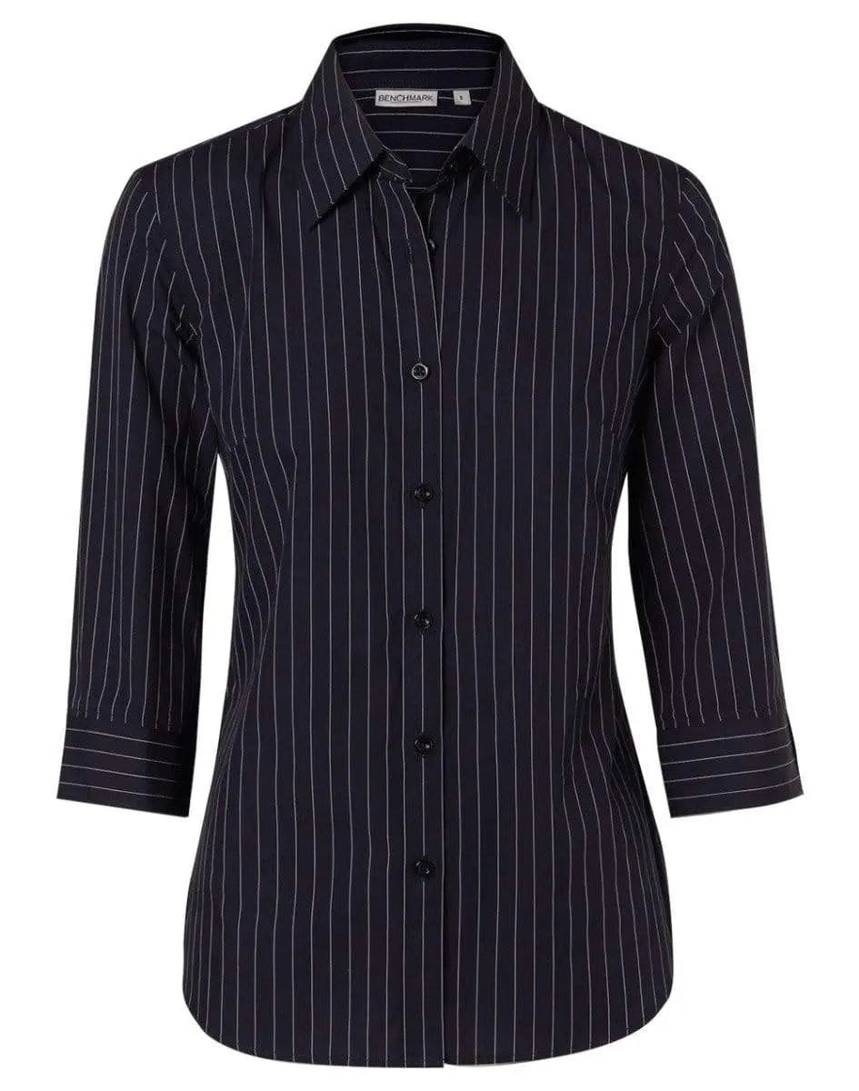 Benchmark Corporate Wear Navy/White / 6 BENCHMARK Women's Pin Stripe 3/4 Sleeve Shirt M8223