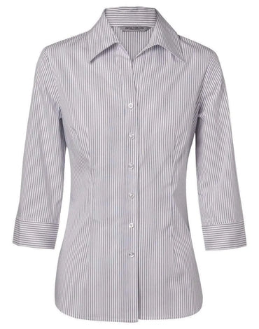 Benchmark Corporate Wear White/Blue / 6 BENCHMARK Women's Ticking Stripe 3/4 Sleeve Shirt M8200Q
