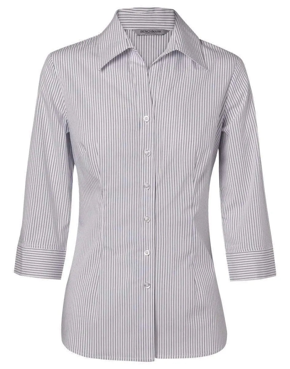 Benchmark Corporate Wear White/Blue / 6 BENCHMARK Women's Ticking Stripe 3/4 Sleeve Shirt M8200Q