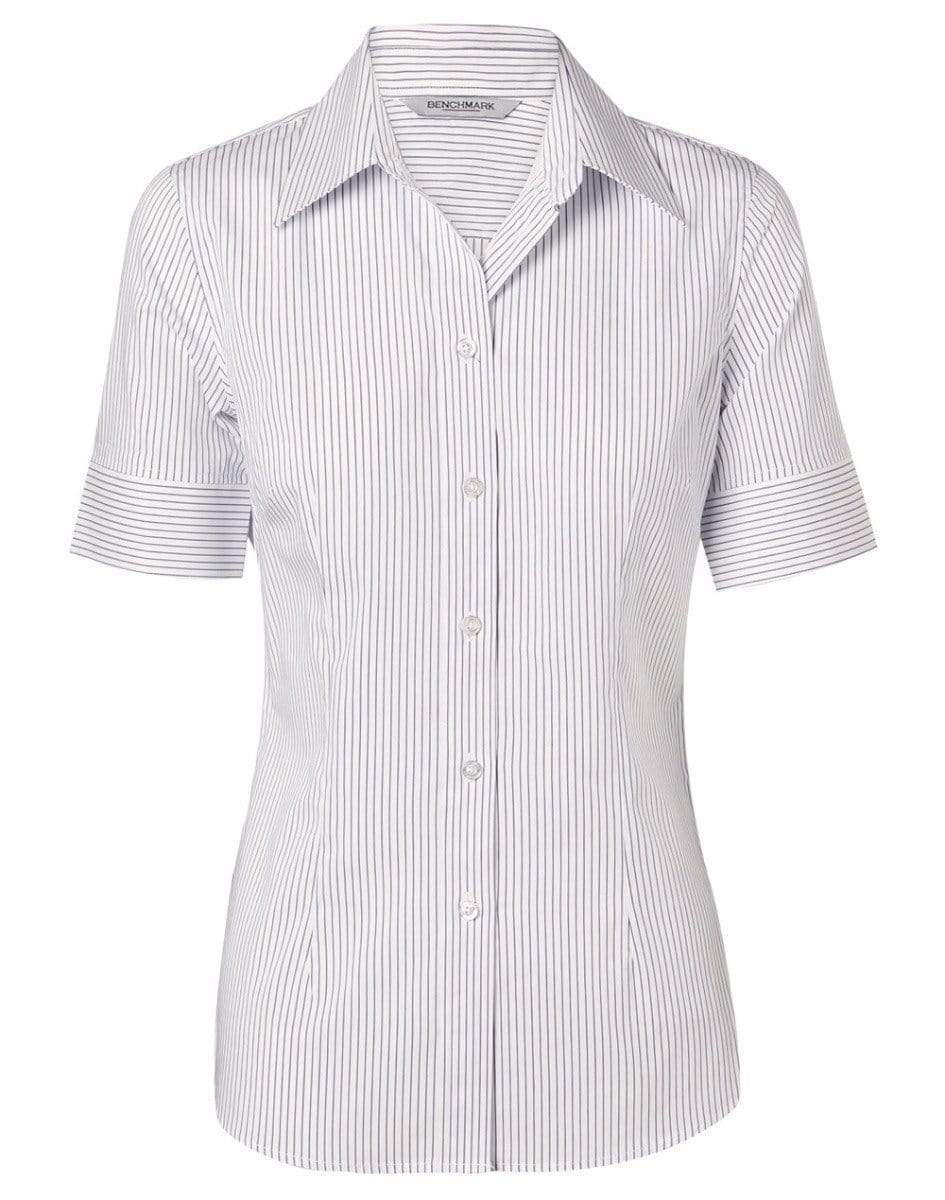 Benchmark Corporate Wear White/Blue / 6 BENCHMARK Women's Ticking Stripe Short Sleeve Shirt M8200S