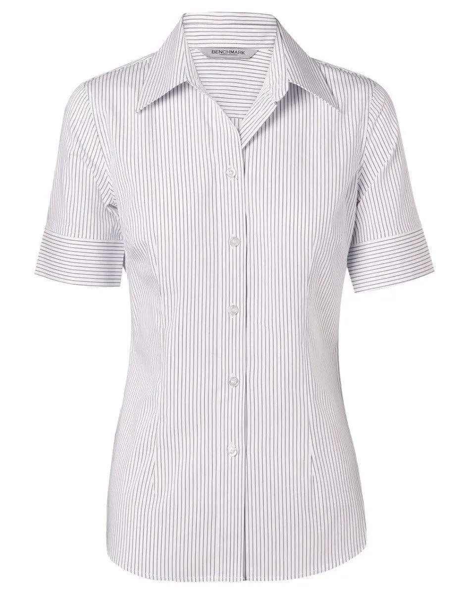 Benchmark Corporate Wear White/Blue / 6 BENCHMARK Women's Ticking Stripe Short Sleeve Shirt M8200S